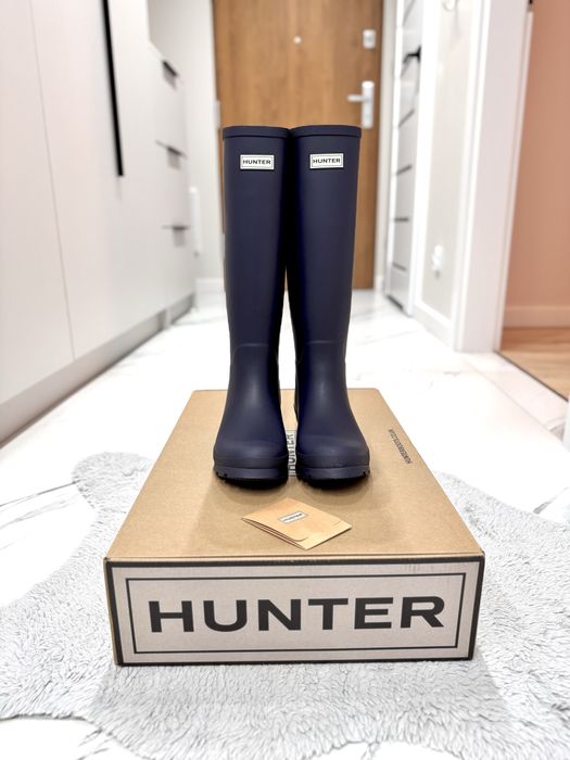 Wysokie matowe granatowe navy kalosze Hunter 40 regulacja cholewki