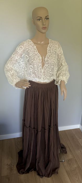 Dwuczęściowa suknia do sesji ciążowej, brąz i koronka boho rustykalna