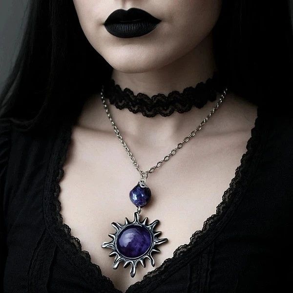 Naszyjnik Duży Wisiorek Słońce Kamień Ametyst Gotycki Gothic Fantasy