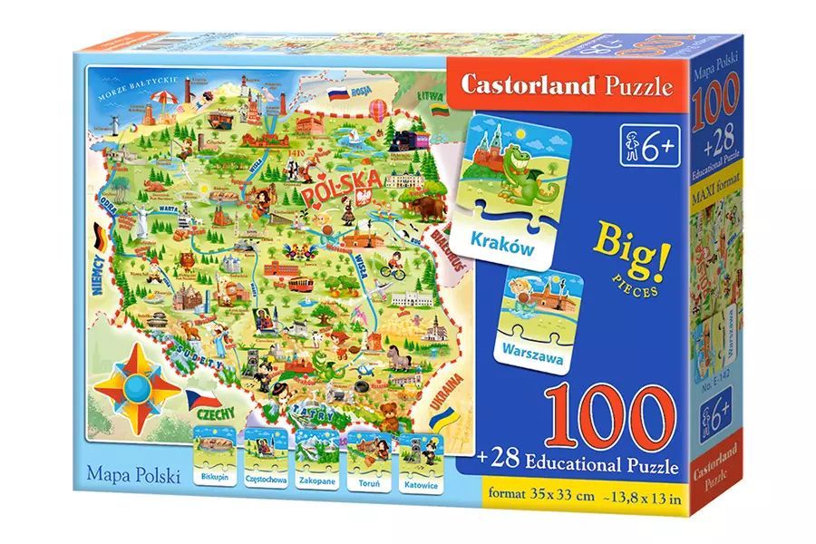 Puzzle 100 elementów. Mapa Polski + Quiz 28 elementów. Castorland