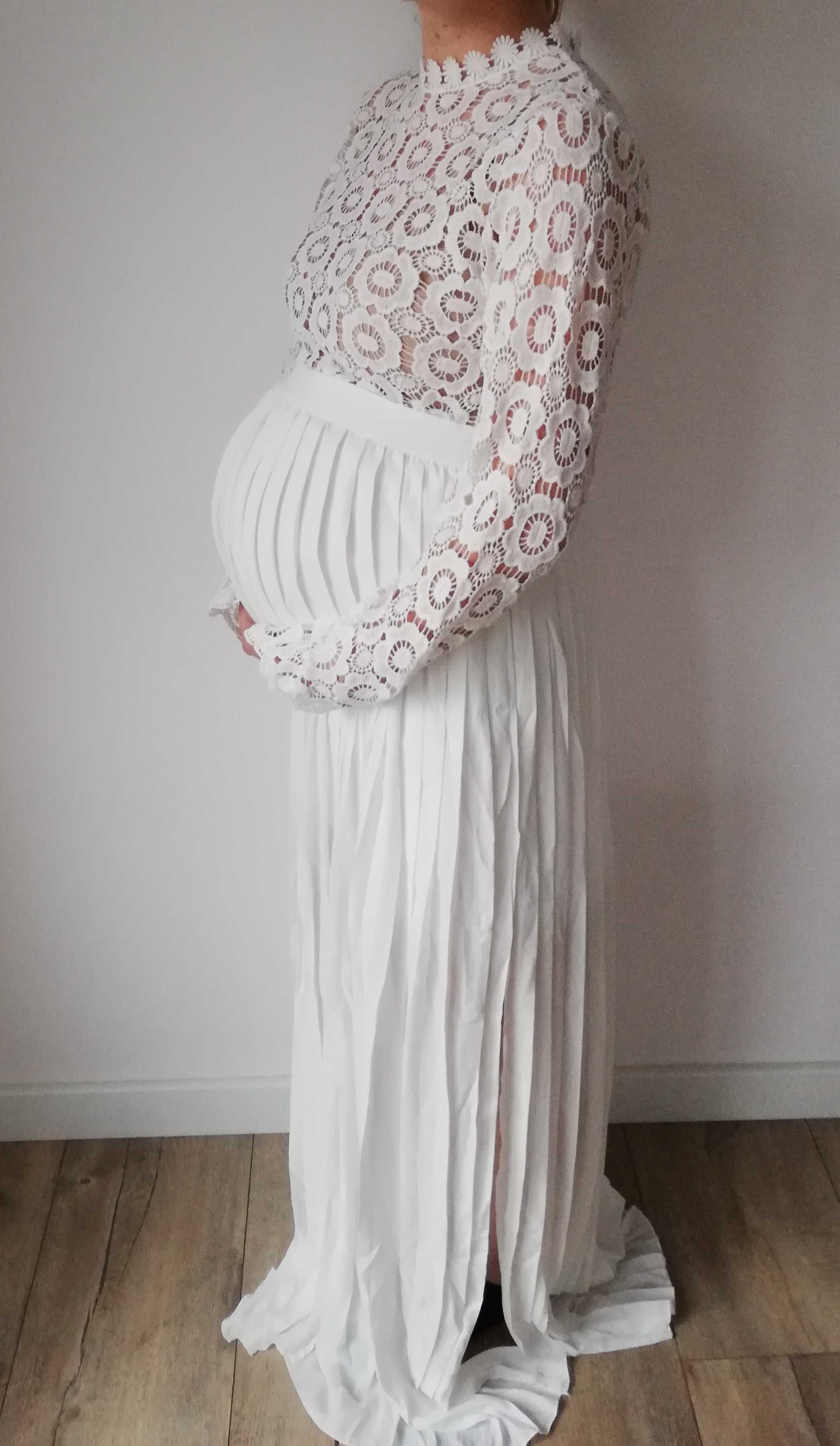 Biała suknia ślubna ciążowa, sesja zdjęciowa r. M boho