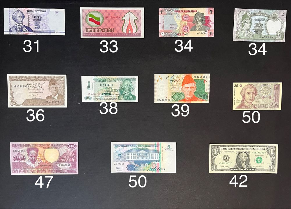 Банкноти купюри світу від 25 до 50 грн