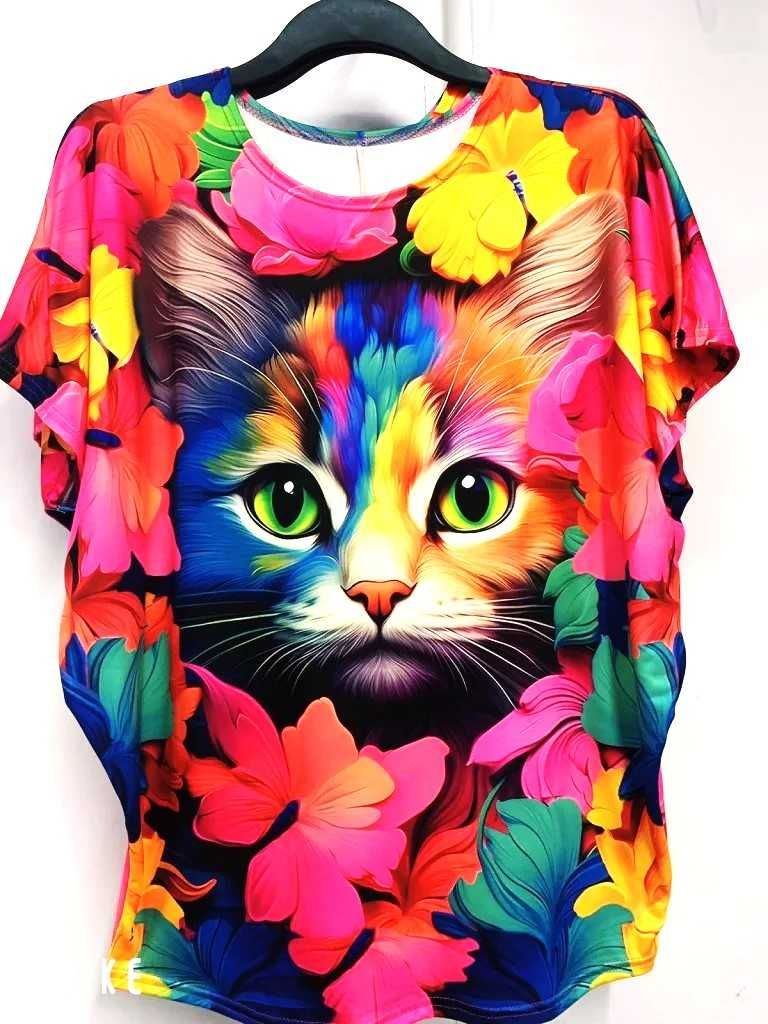 Piękna kolorowa bluzka oversize z kotem L-3XL