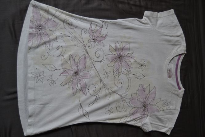 Biała koszulka w kwiaty fioletowe wrzosowa TU 8 36 T shirt bawełna
