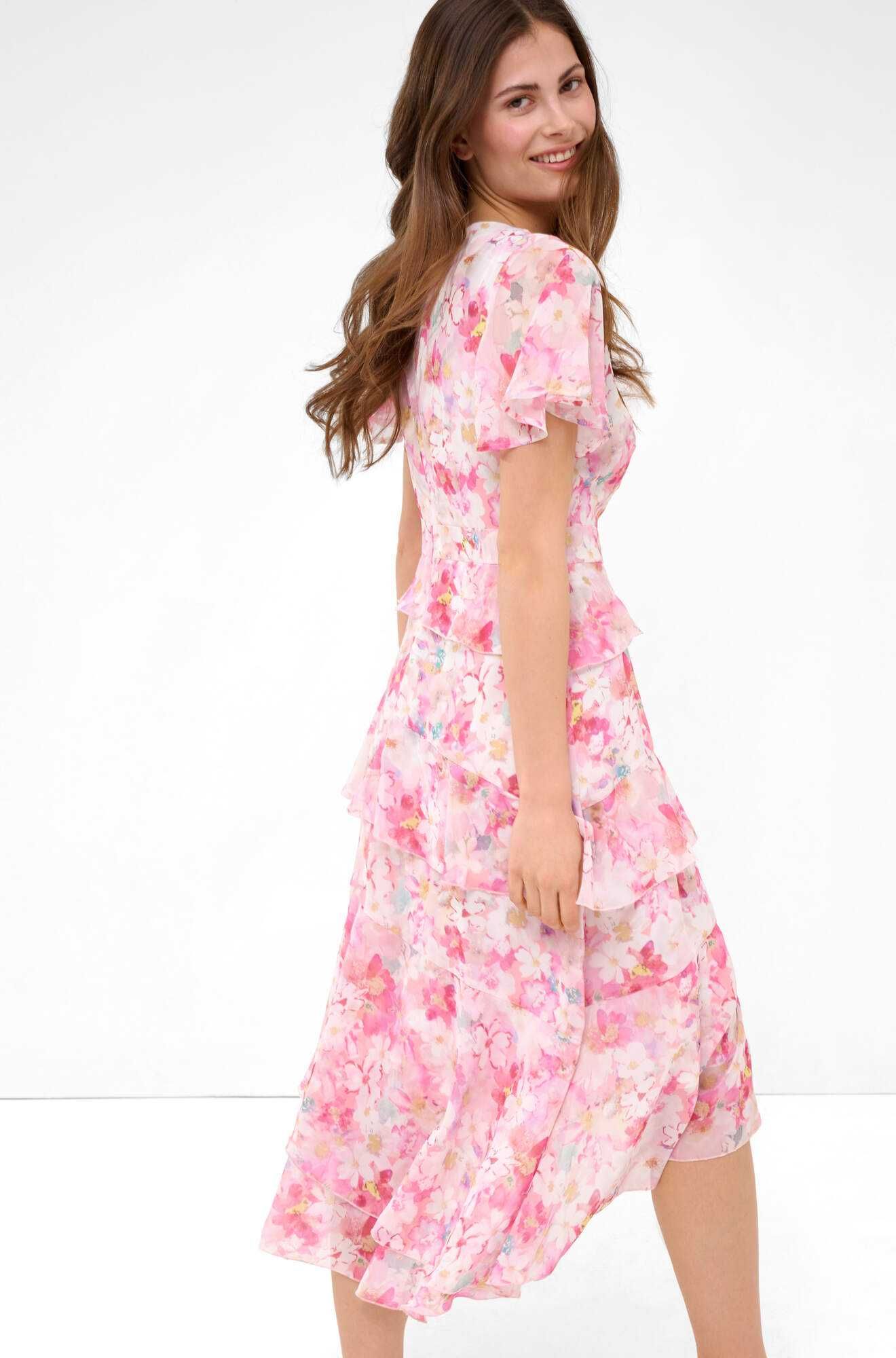 Orsay 34 XS sukienka różowa kwiatki midi maxi wesele chrzciny komunię