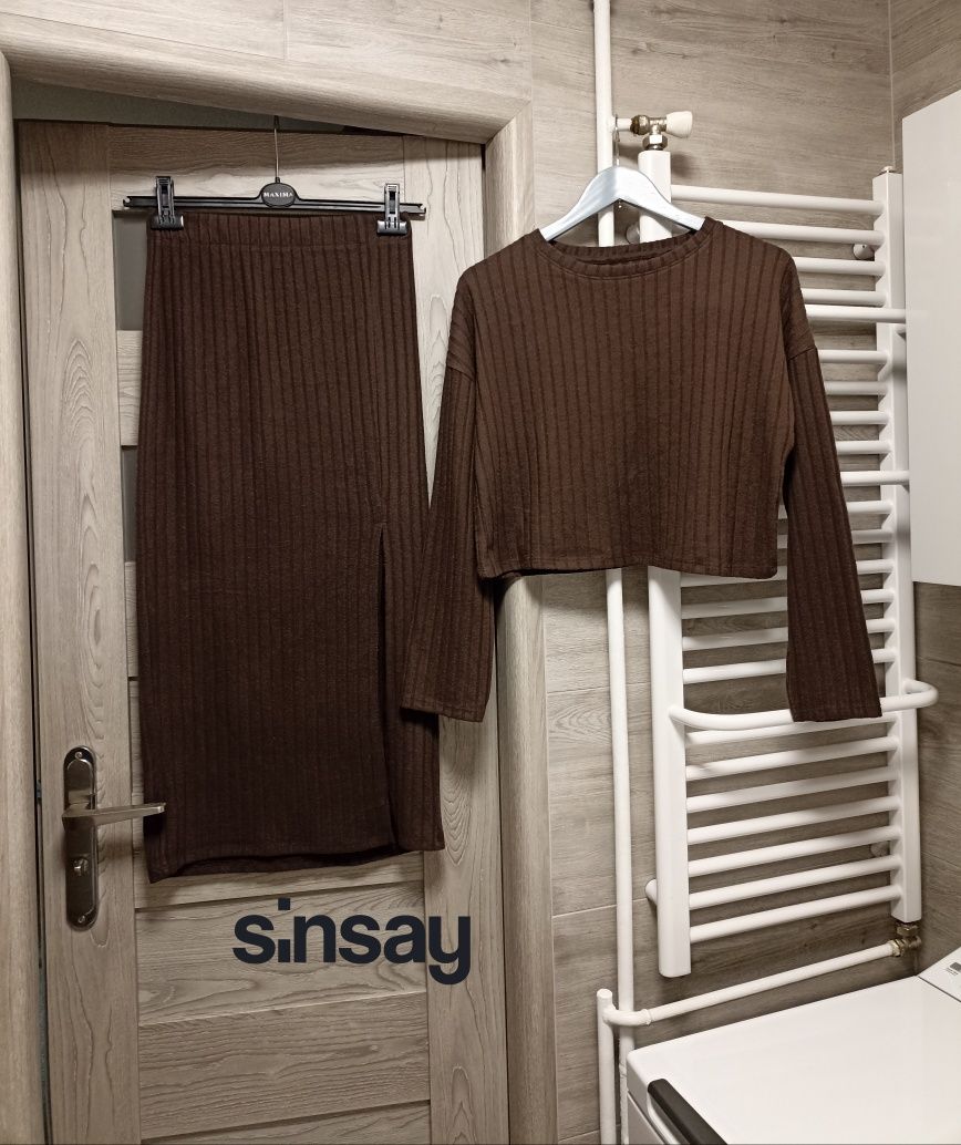 Komplet zestaw set spódnica midi sweter rozcięcie prążek hit Sinsay