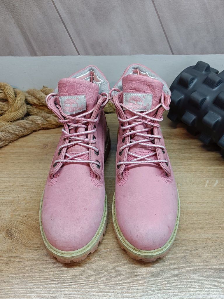 Różowe damskie dziecięce buty zimowe trapery śniegowce Timberland