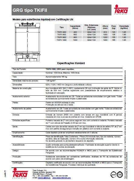 Tanque / Contentor TEKA (Em aço inox com certificaçao UN (TKIFII 1000)