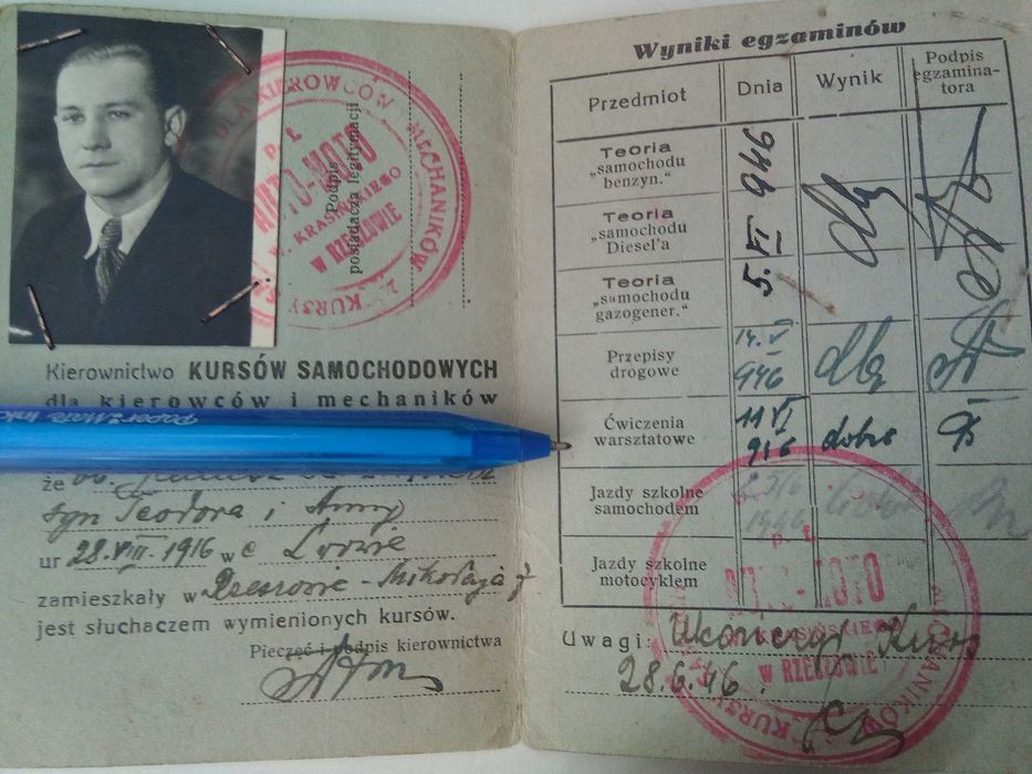 Stara legitymacja ,kursy samochodowe dla mechaników  Rzeszów z 1946 r.