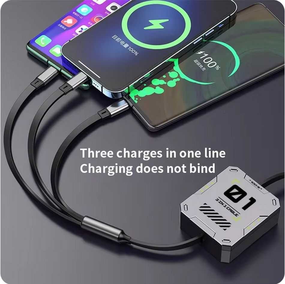 Kabel 3w1 zwijany microUSB, USB C, lightning 1,2 metra kwadrat