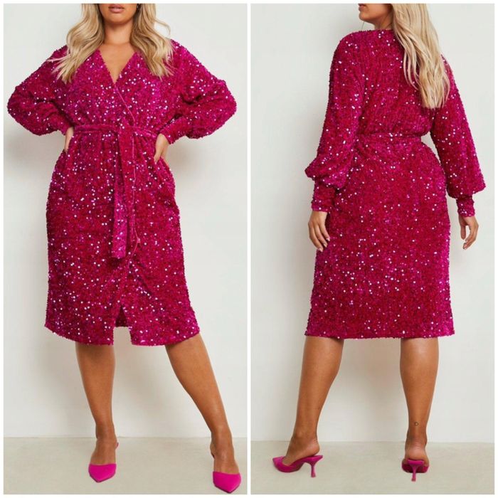 Boohoo cekinowa sukienka midi kopertowa welurowa 50 5 xl fuksja