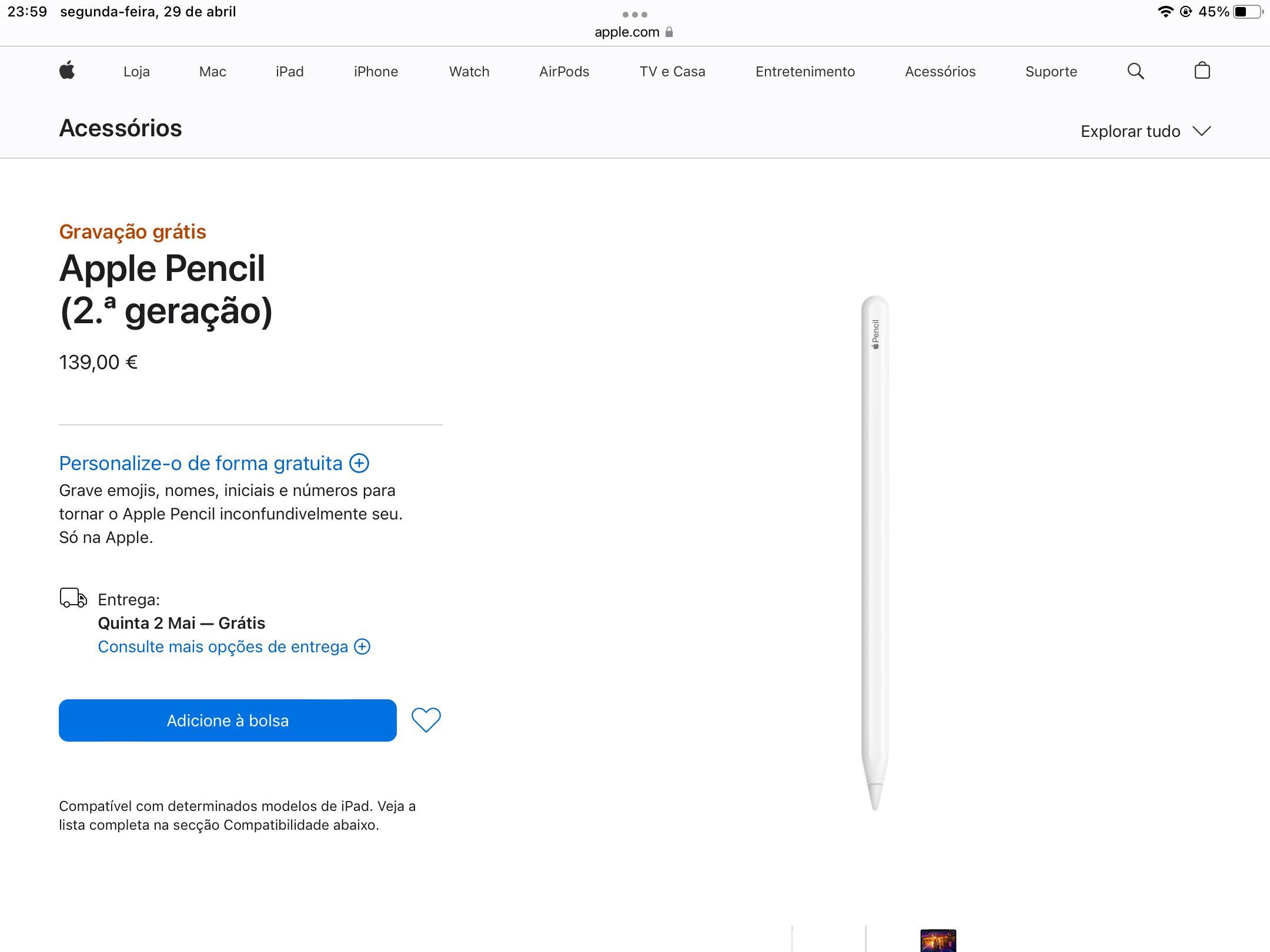 Apple Pencil 2.ª geração