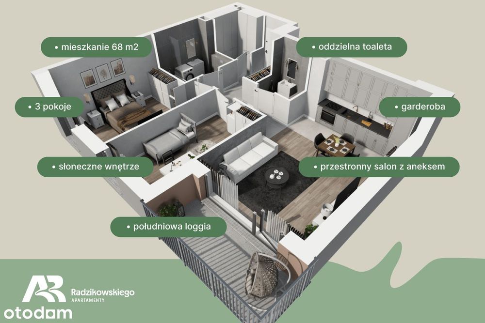 Nowe, 3 pokoje z aneksem - 68 m2, garderoba