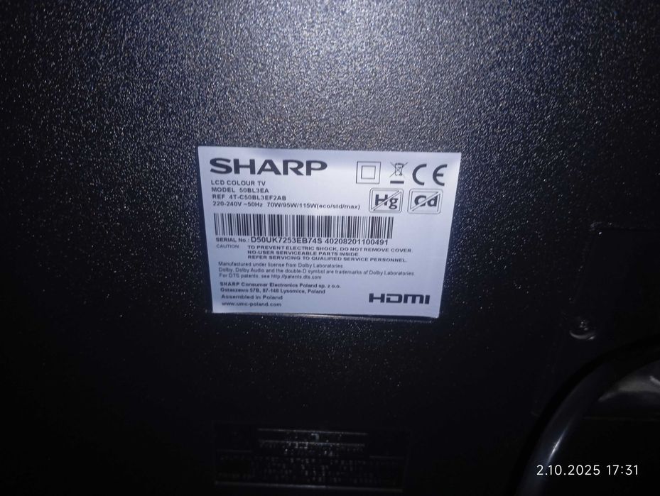 Telewizor SHARP 50 cali 50BL3EA uszkodzony