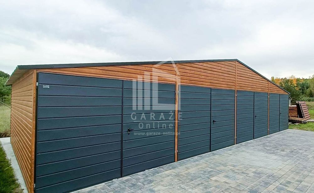 GARAŻ BLASZANY 12x6 dwuspadowy 4x Brama - złoty dąb + antracyt ID134