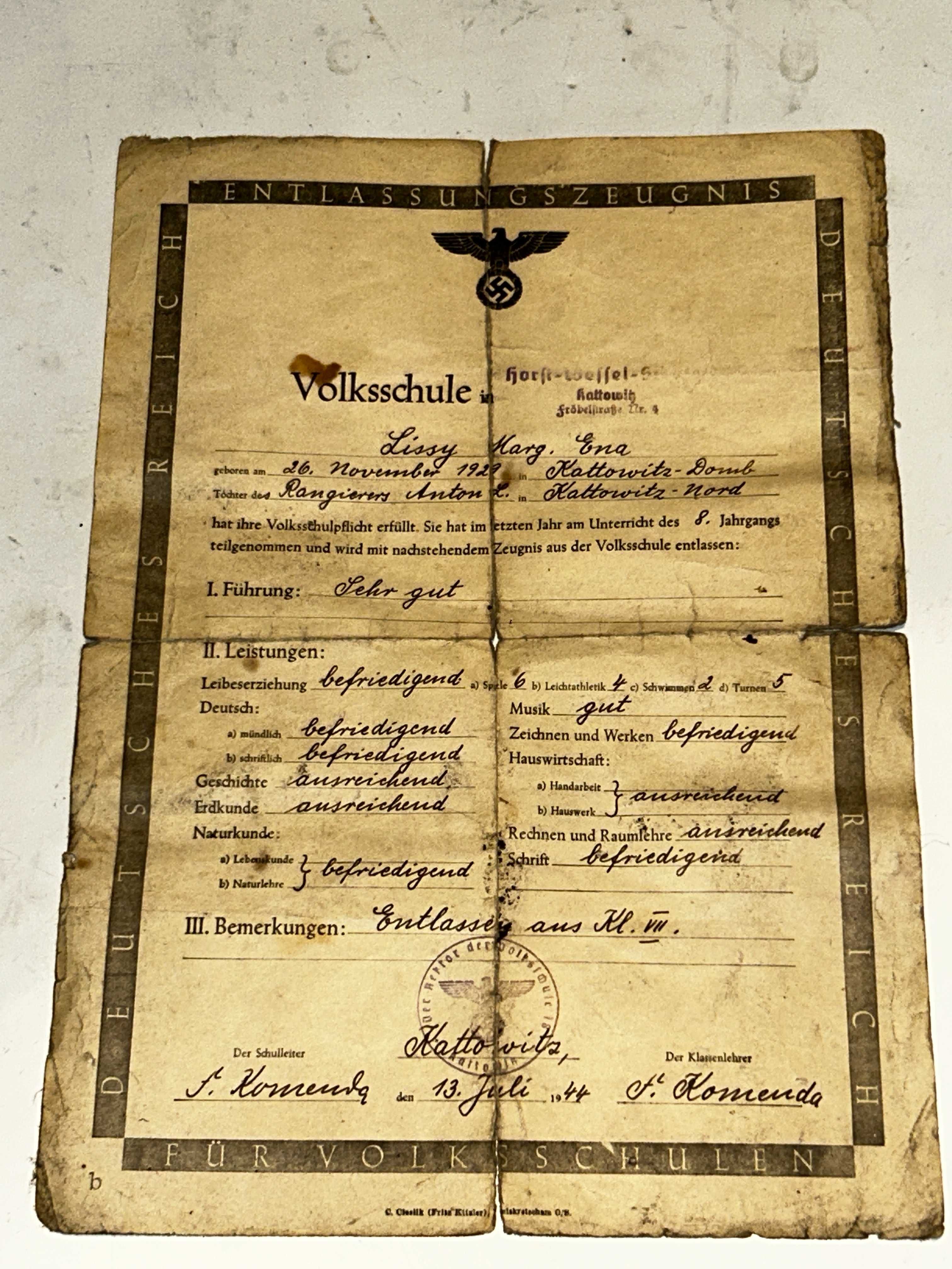 Świadectwo VOLKSSCHULE Kattowitz 1944