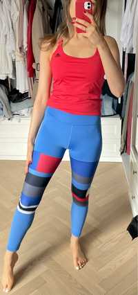 Adidas niebieskie legginsy treningowe czerwone fitness sportowe gym