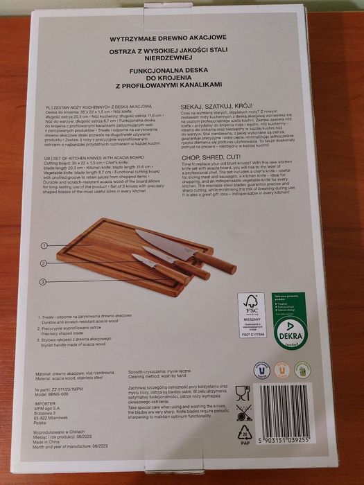 Zestaw noży kuchennych z deską akacjową