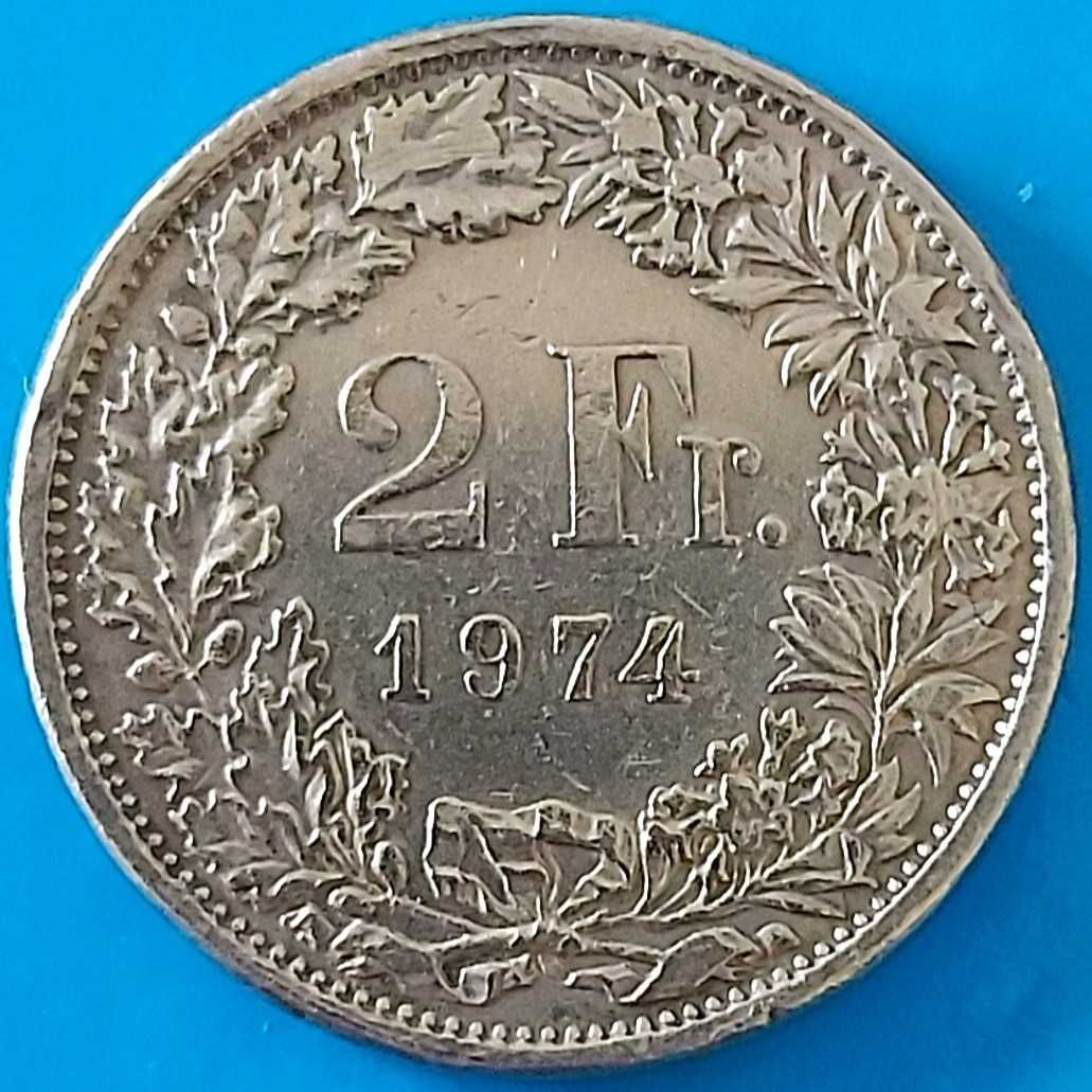 2 Francos de 1974 da Suíça com Reverso invertido
