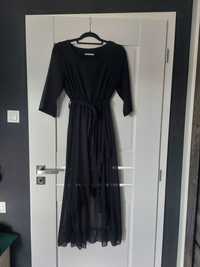 Szyfonowa sukienka długa czarna midi maxi kopertowa z paskiem 36 S