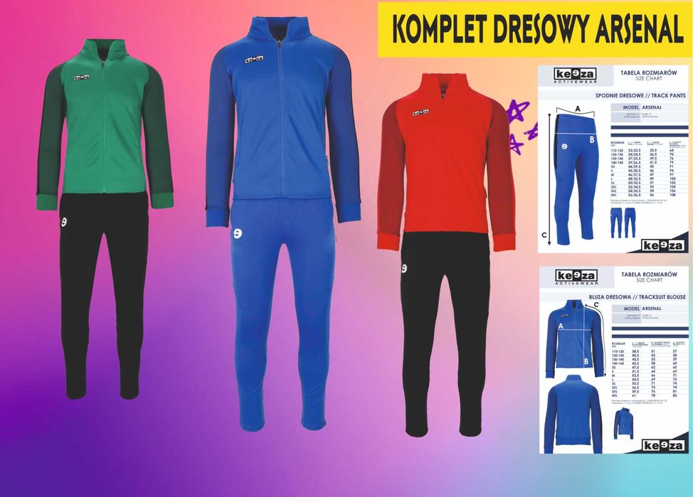 Dresy piłkarskie Keeza z  nadrukami lub haftem różne kolory.