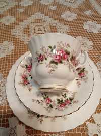 trio śniadaniowe, porcelana angielska royal albert lavender rose