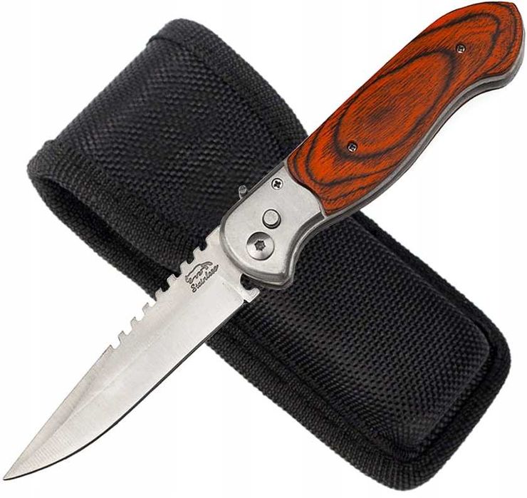 nóż sprężynowy składany stal drewno 24 etui elegancki pokrowiec N-508A