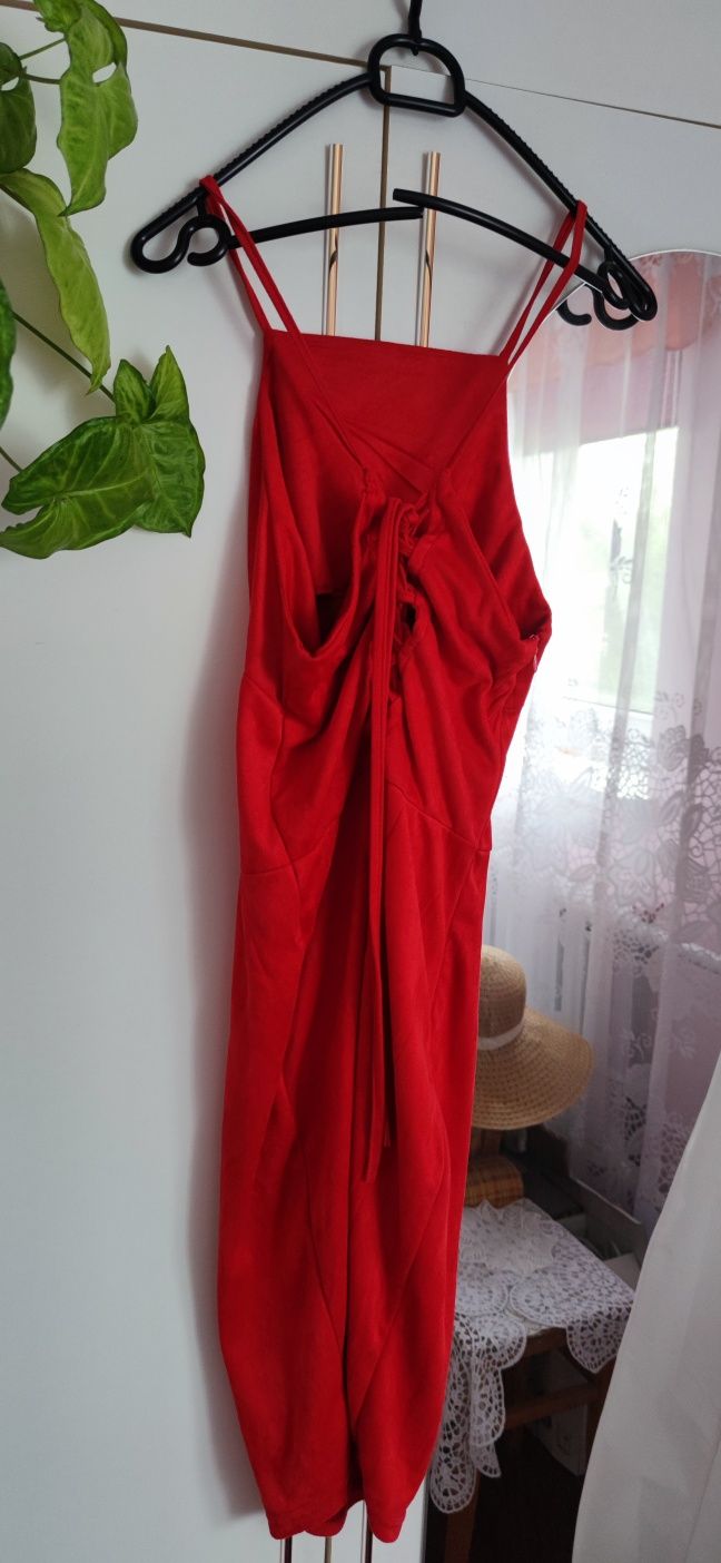 Czerwona welurowa sukienka, obcisła, mini, XS