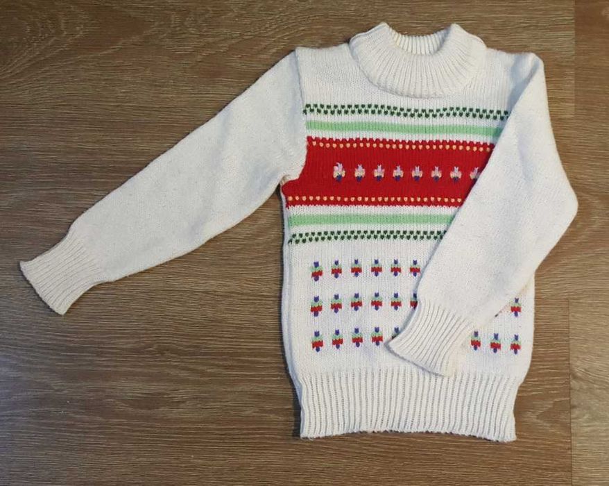 Sweter dziecięcy vintage z lat 70 biały z kolorami