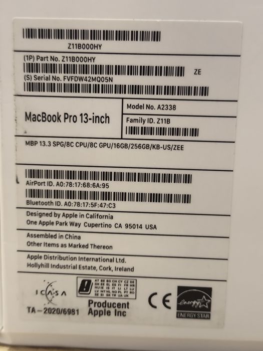 Laptop MacBook PRO 13,3" M1 16GB 256GB 2020r.