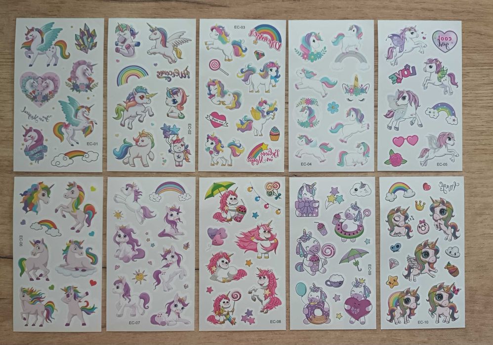 10 arkuszy tatuaży! Śliczne tatuaże TĘCZOWE JEDNOROŻCE