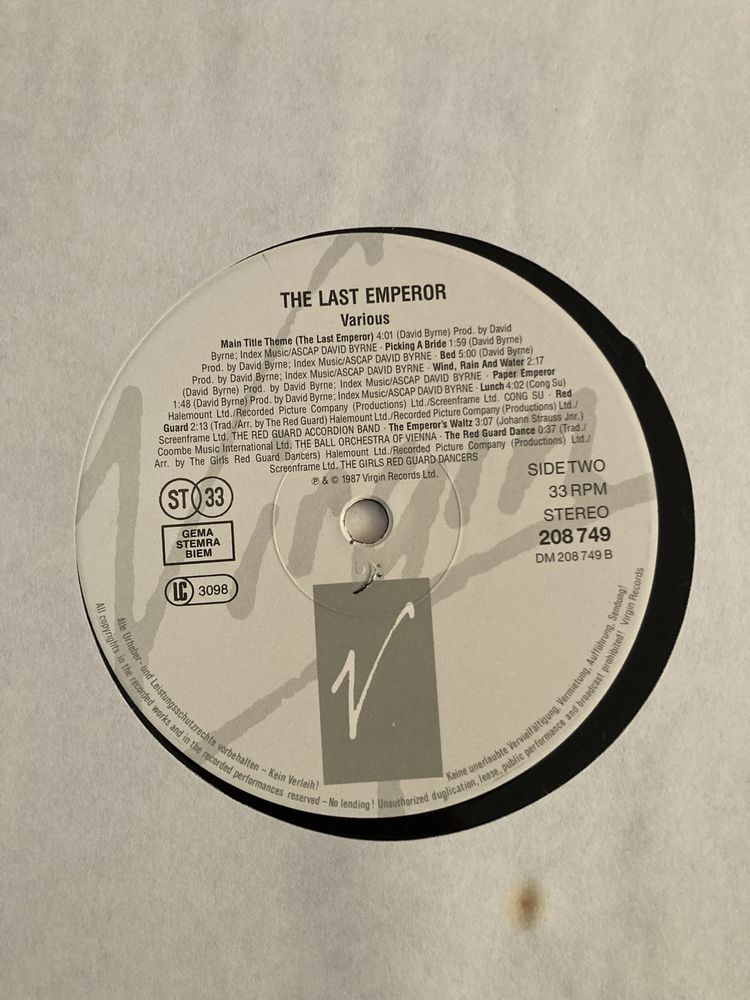 The Last Emperor Soundtrack LP by Ryuichi Sakamoto...