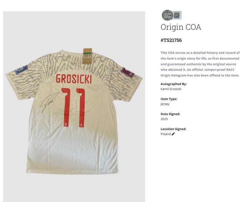 Kamil Grosicki koszulka reprezentacji z autografem + certyfikat auten.
