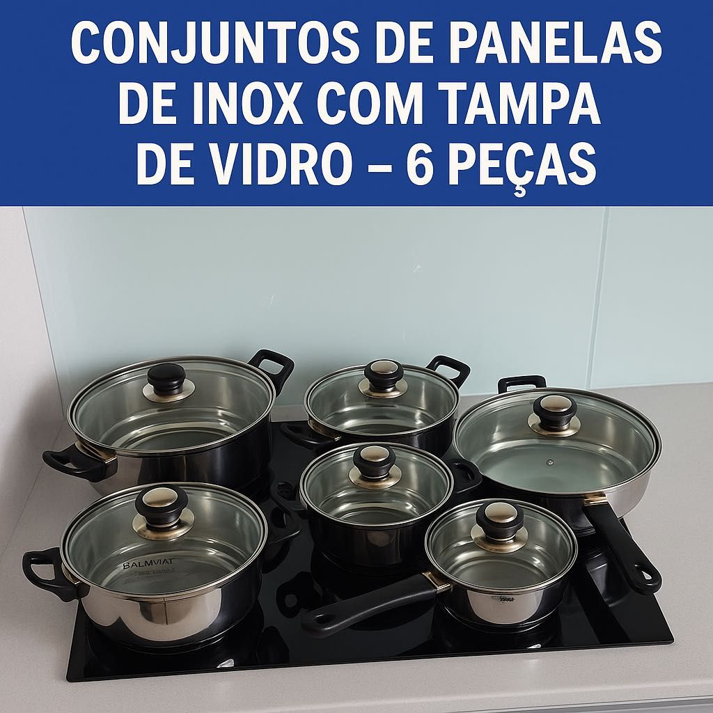 Panelas de Inox – 2 Conjuntos Completos com Tampa de Vidro
