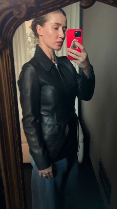 Шкіряна куртка Massimo Dutti жіноча чорна натуральна з поясом XS