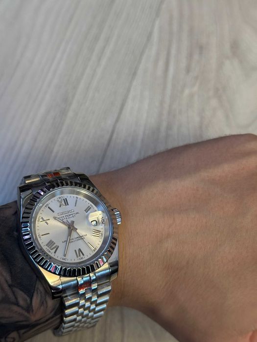 Zegarek Seiko Mod Datejust Roman Biały White Watch