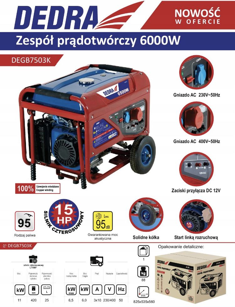 Генератор DEDRA 6,5кВт 230-400v 3 фази 6000/6500w Польща В наявності