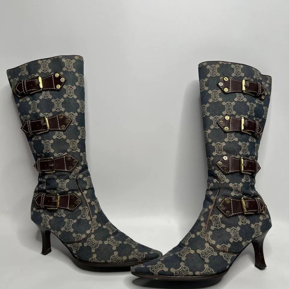 Vintage Celine paris blue canvas monogram high boots Women size eu 40