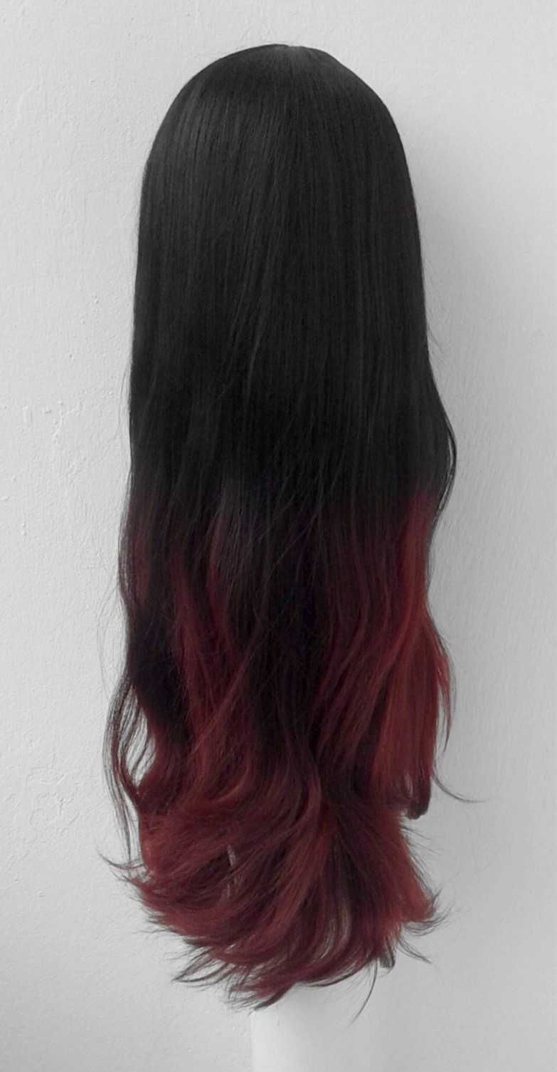 Bordowa falowana czarna peruka z przedziałkiem wig czerwona