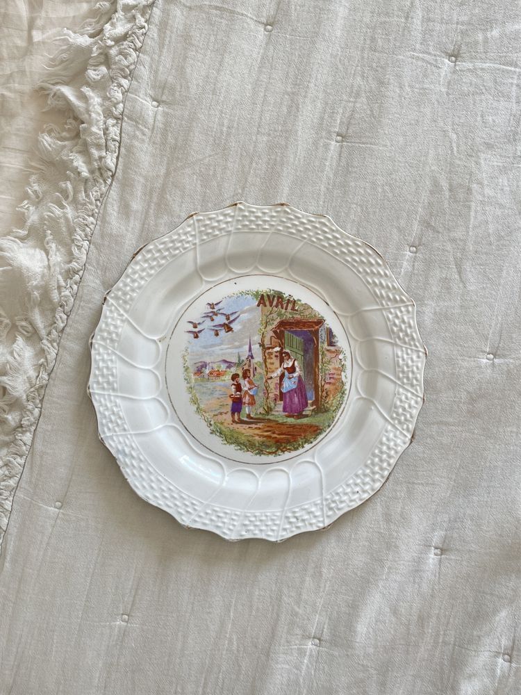 Stary francuski talerz antyk porcelana vintage retro francja kwiecień