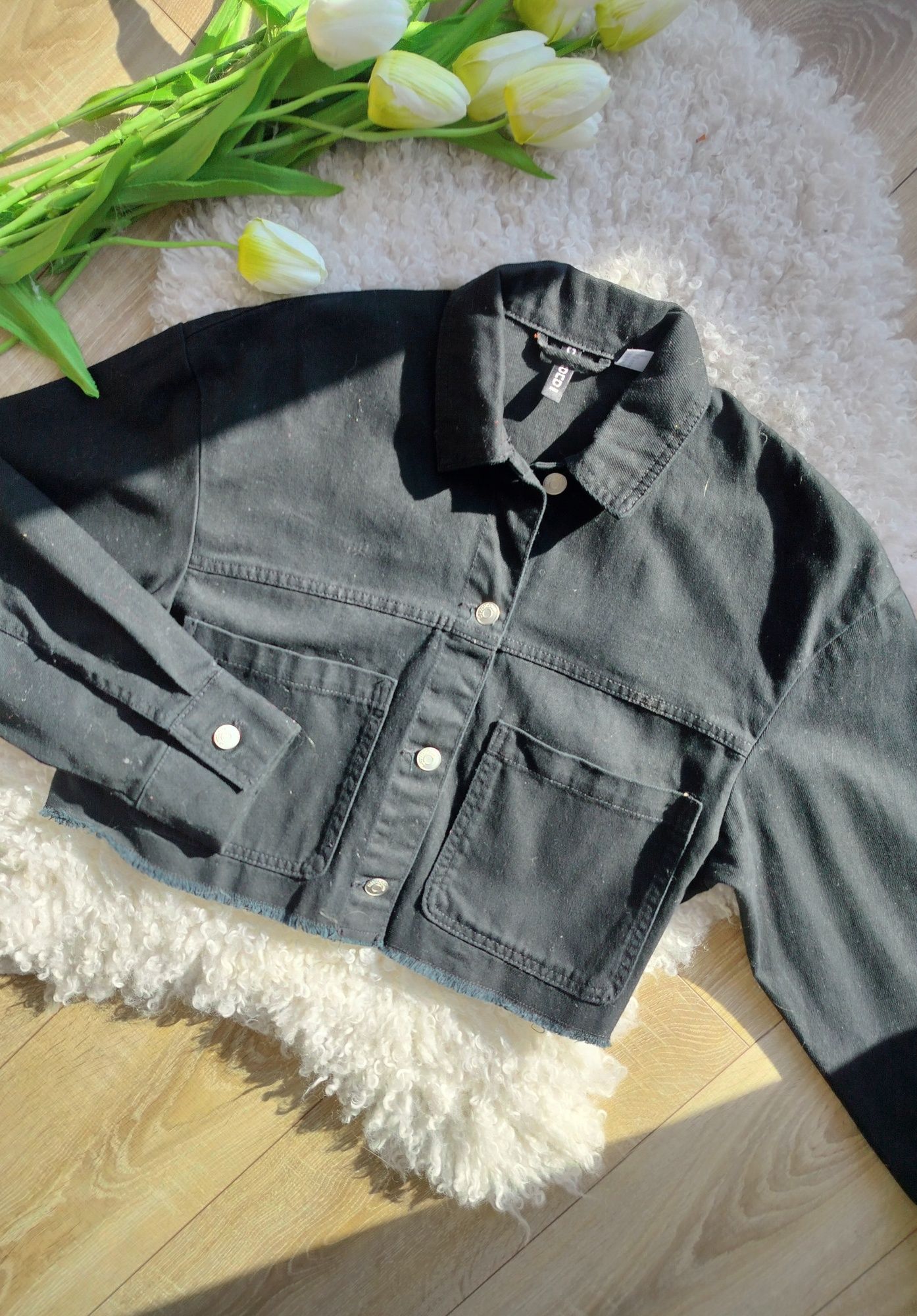 nowa czarna kurtka jeansowa oversize krótka strzępiona katana h&M M