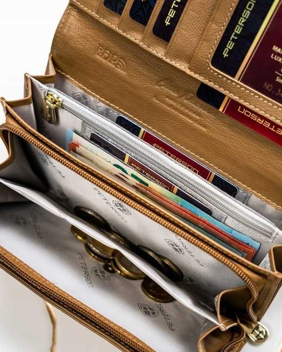 Peterson portfel skórzany damski Gold Champagne duży elegancki RFID