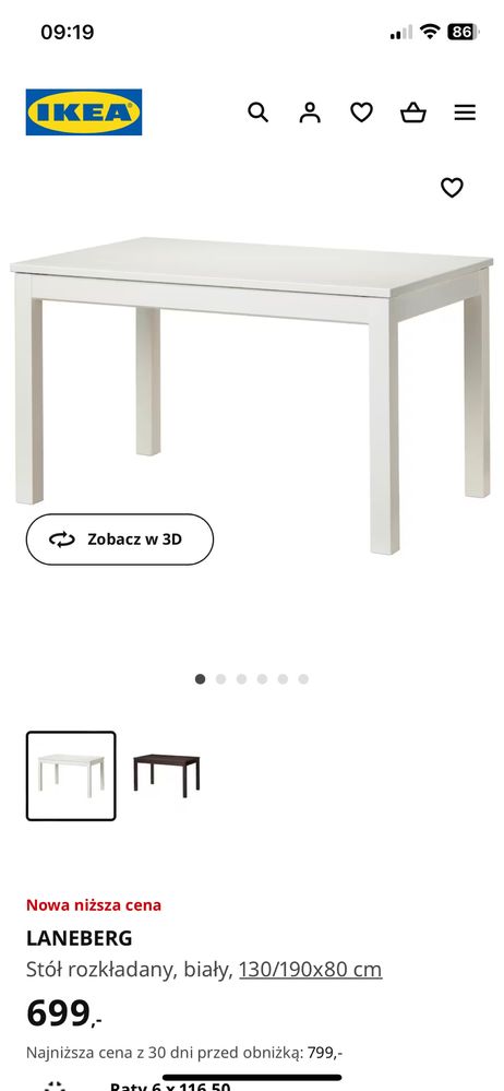 Stół rozkladany bialy Ikea