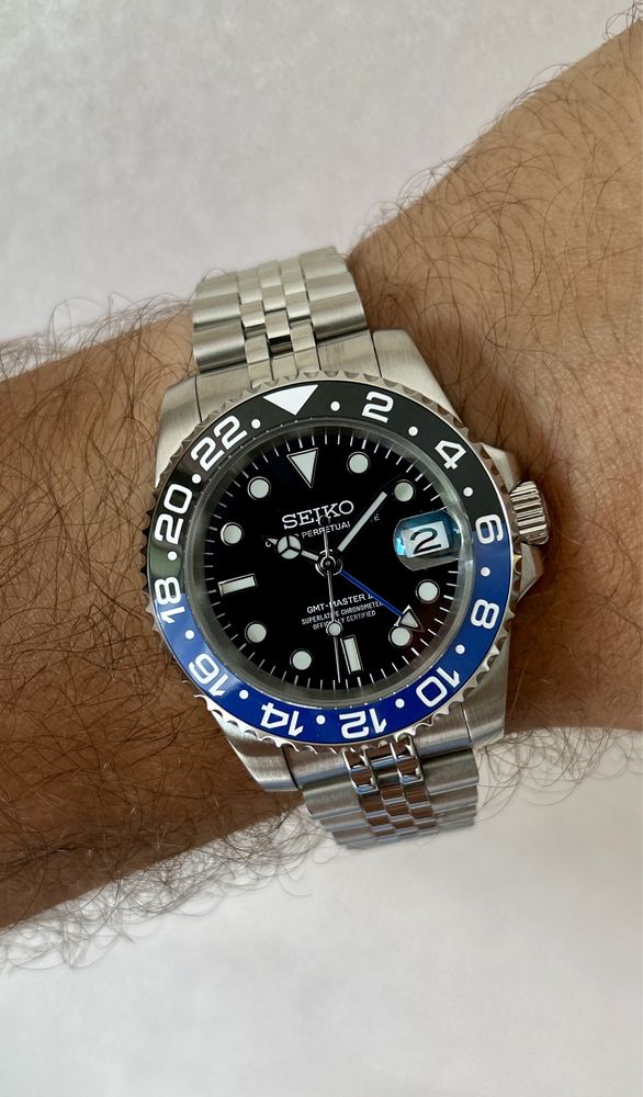 Seiko Batman GMT Mod, dual time, szafir, jubilee, automat