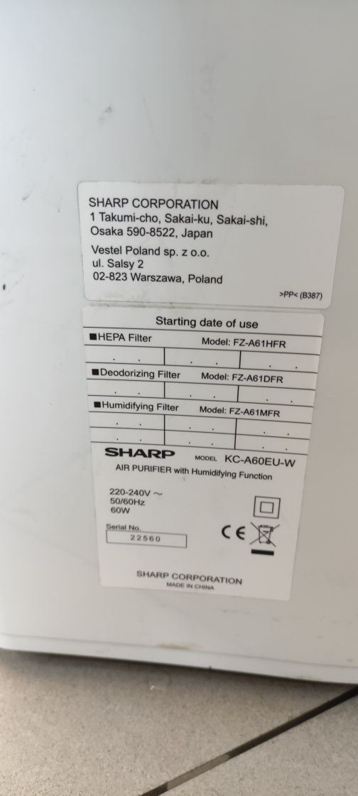 Oczyszcza z powietrza Sharp kcA60EUW