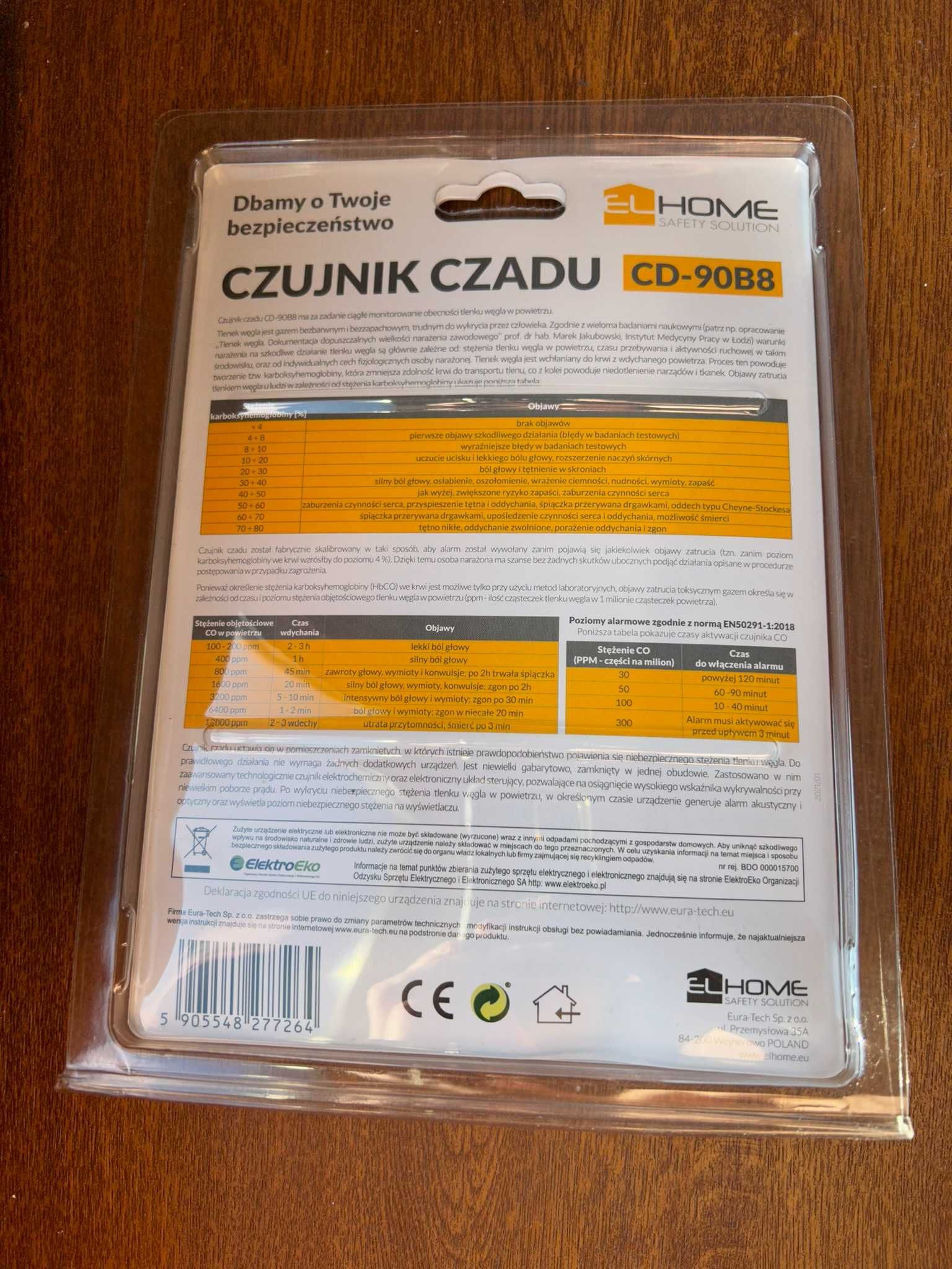 Czujnik czadu Eura-Tech El Home CD-90B8 bateryjny nowy