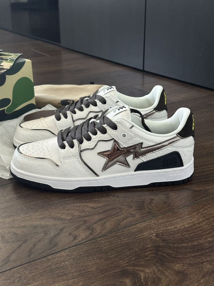 Кросівки бейпи A Bathing Ape Bape SK8 Sta Бейп Ста білі чорні срібні