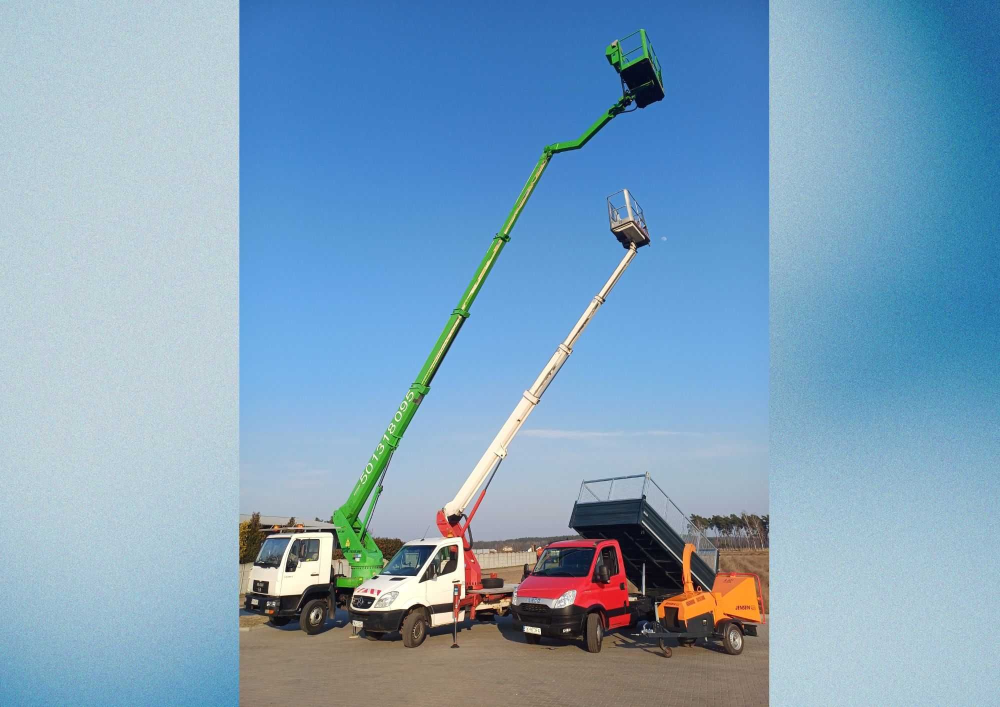 Podnośnik koszowy, wycinka drzew, prace na wysokości, usługi rębakiem.