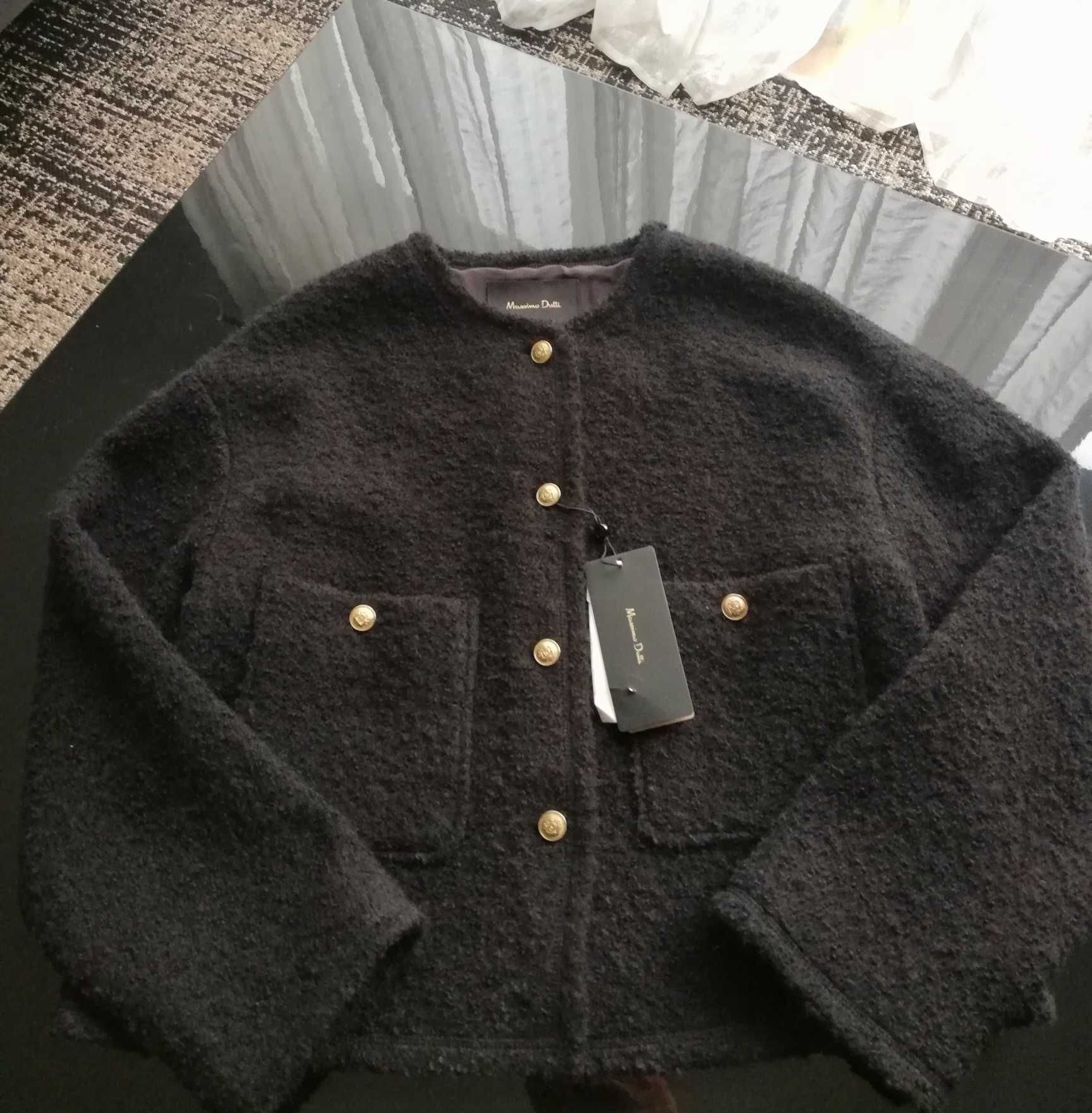 Massimo Dutti wełniany Krótki Żakiet Kardigan Boucle 38M czarny