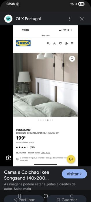 Cama de casal 2m por 1.40m com colchão.